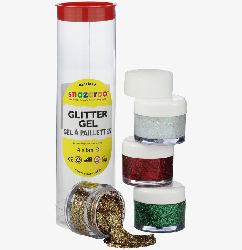 Tub Glittergel från Snazaroo med glitter i fyra färger