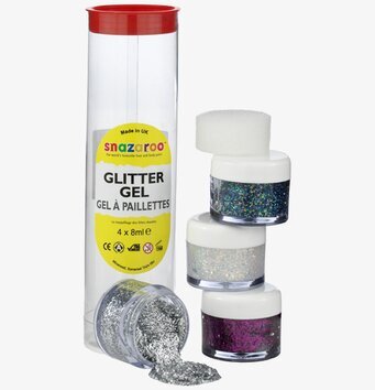 Glittergel 4x8ml från Snazaroo i genomskinlig plastcylinder